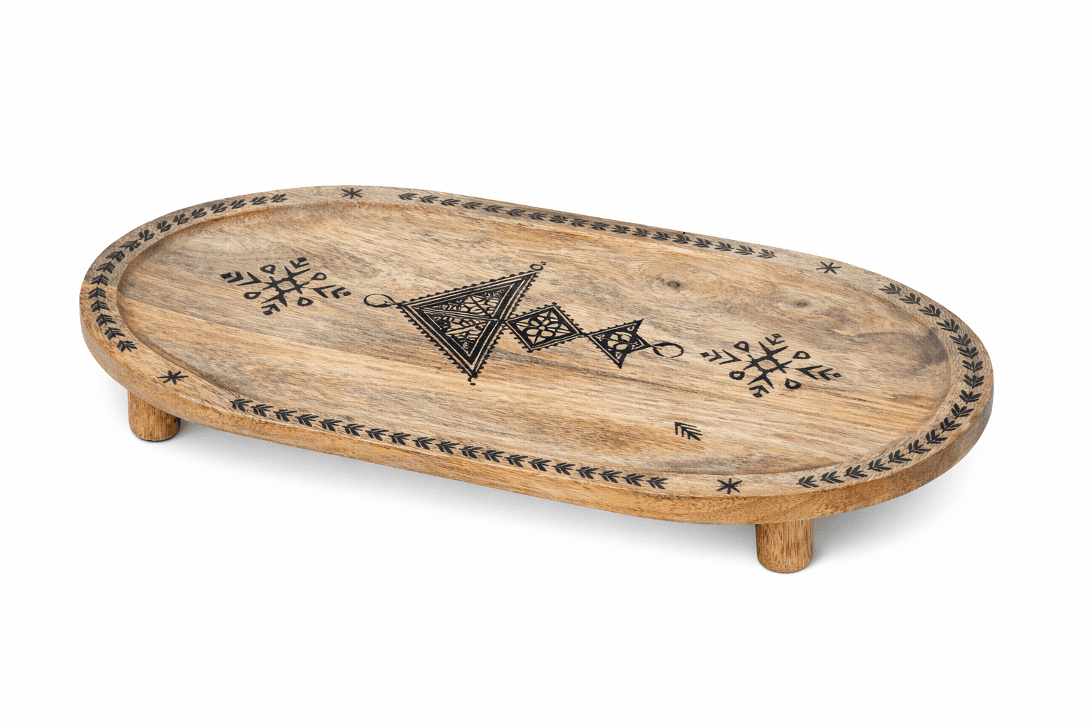 Plateau Décoratif en Bois de Manguier sur Pieds – Symboles Amazighs — visuel 3