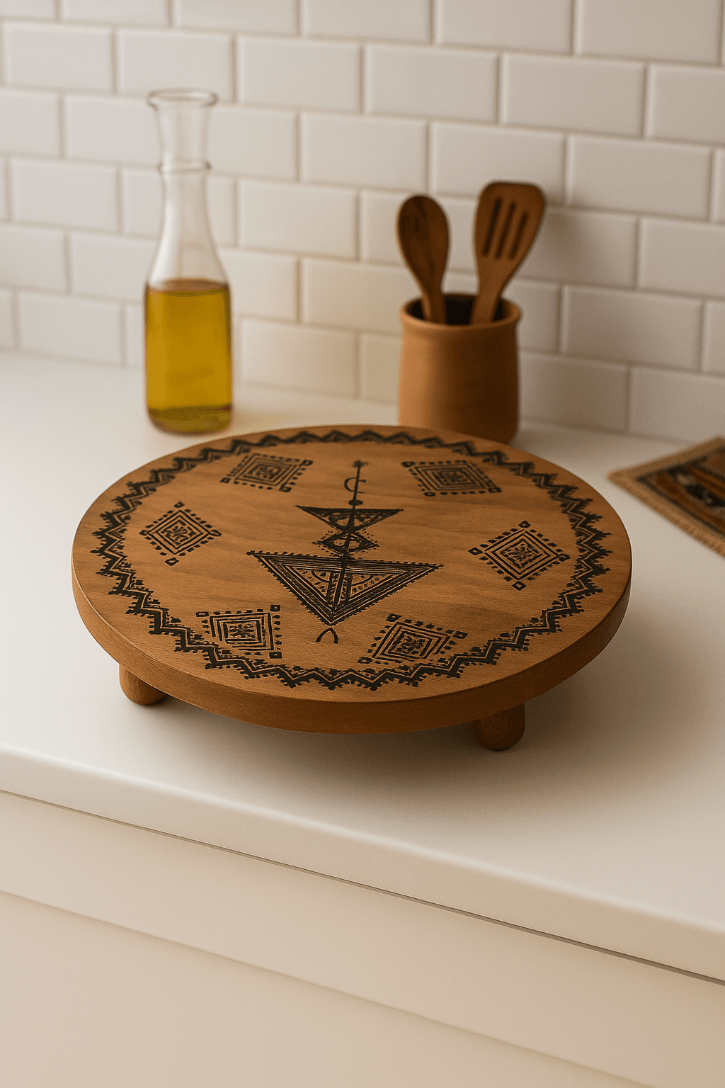 Plateau en Bois d’Acacia Rond – Symbole Amazigh — visuel 6