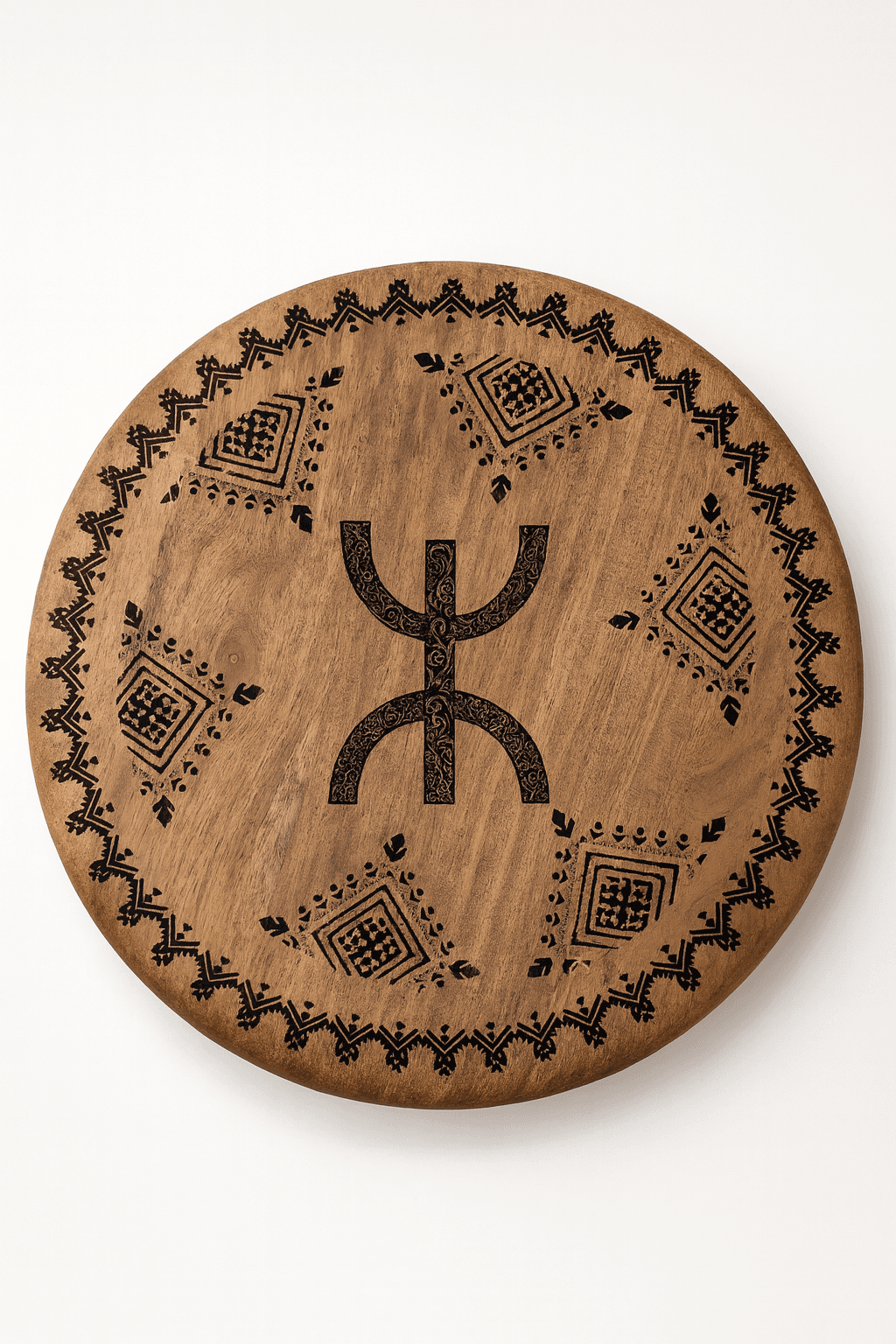Plateau en Bois d’Acacia Rond – Symbole Amazigh — visuel 1