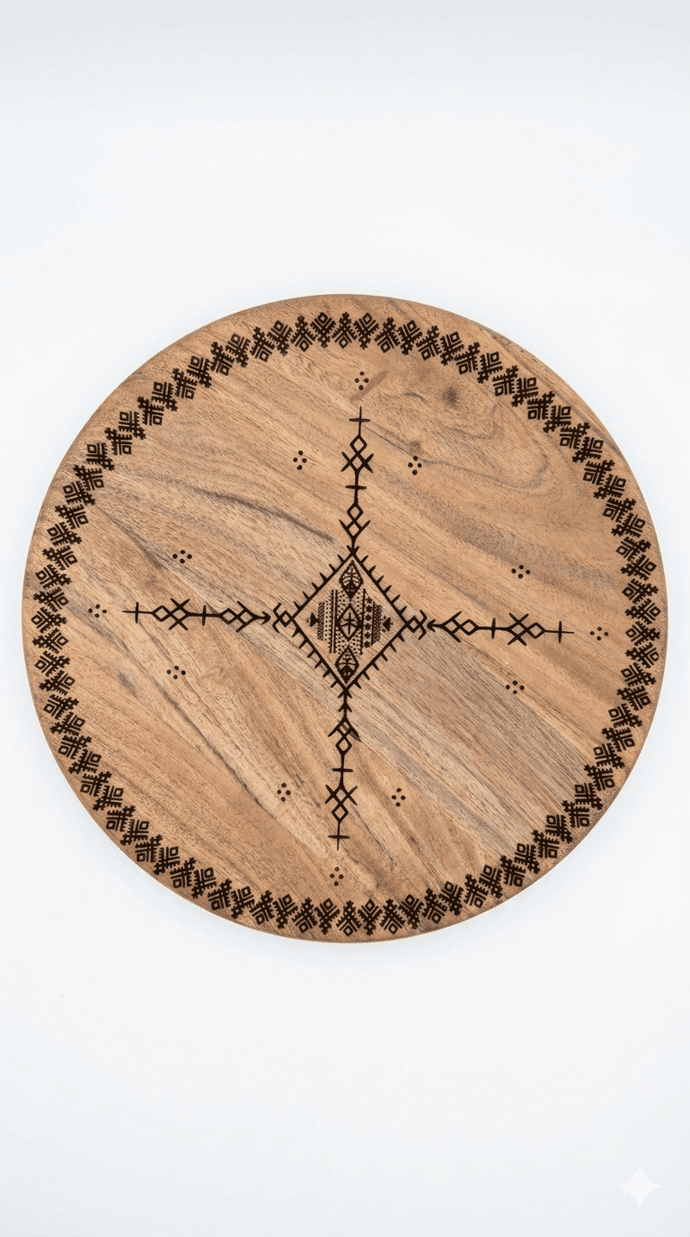 Plateau en Bois d’Acacia Rond – Symbole Amazigh — visuel 2